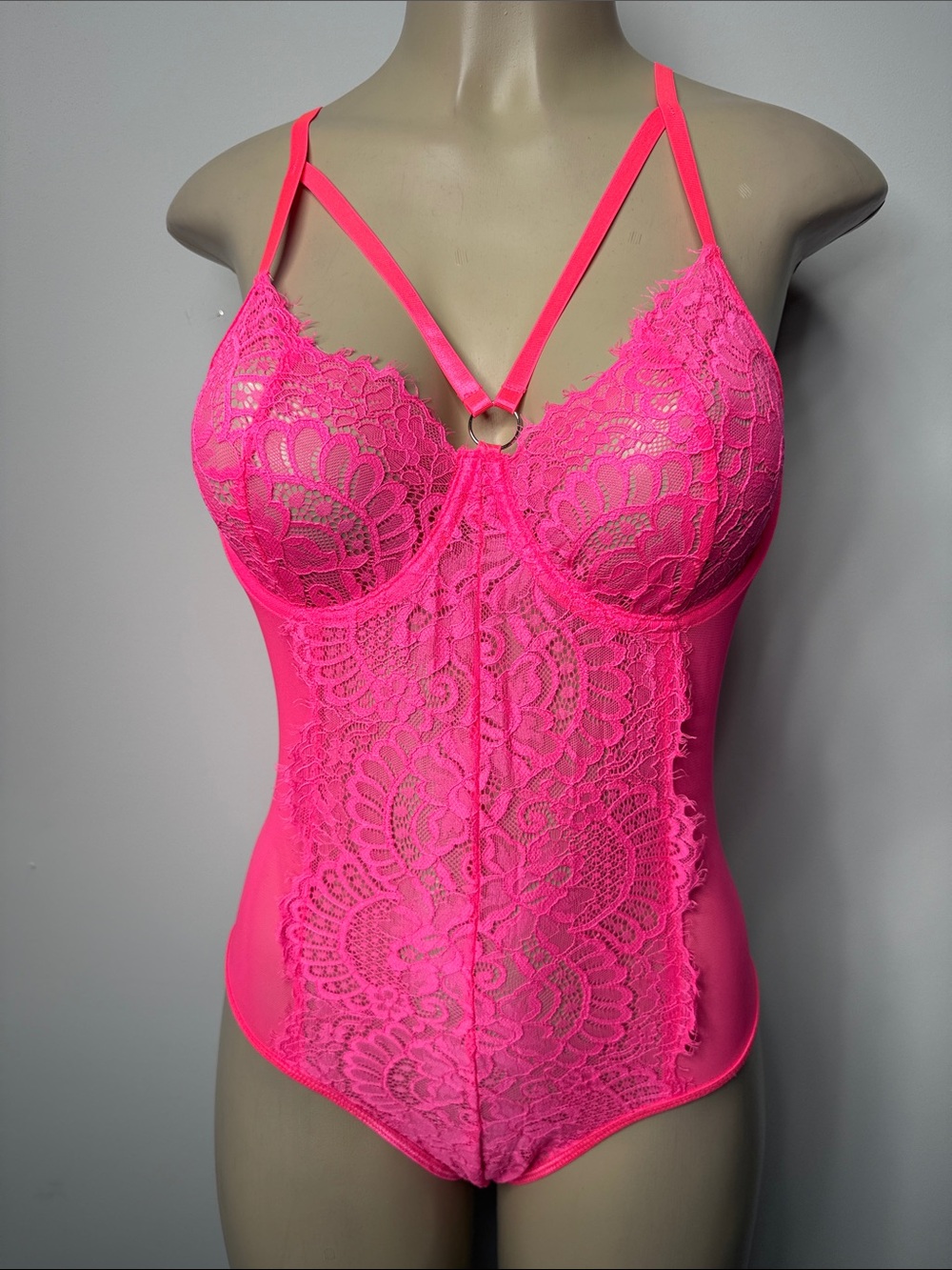 Hot Pink Lace Strappy Teddy Bodysuit